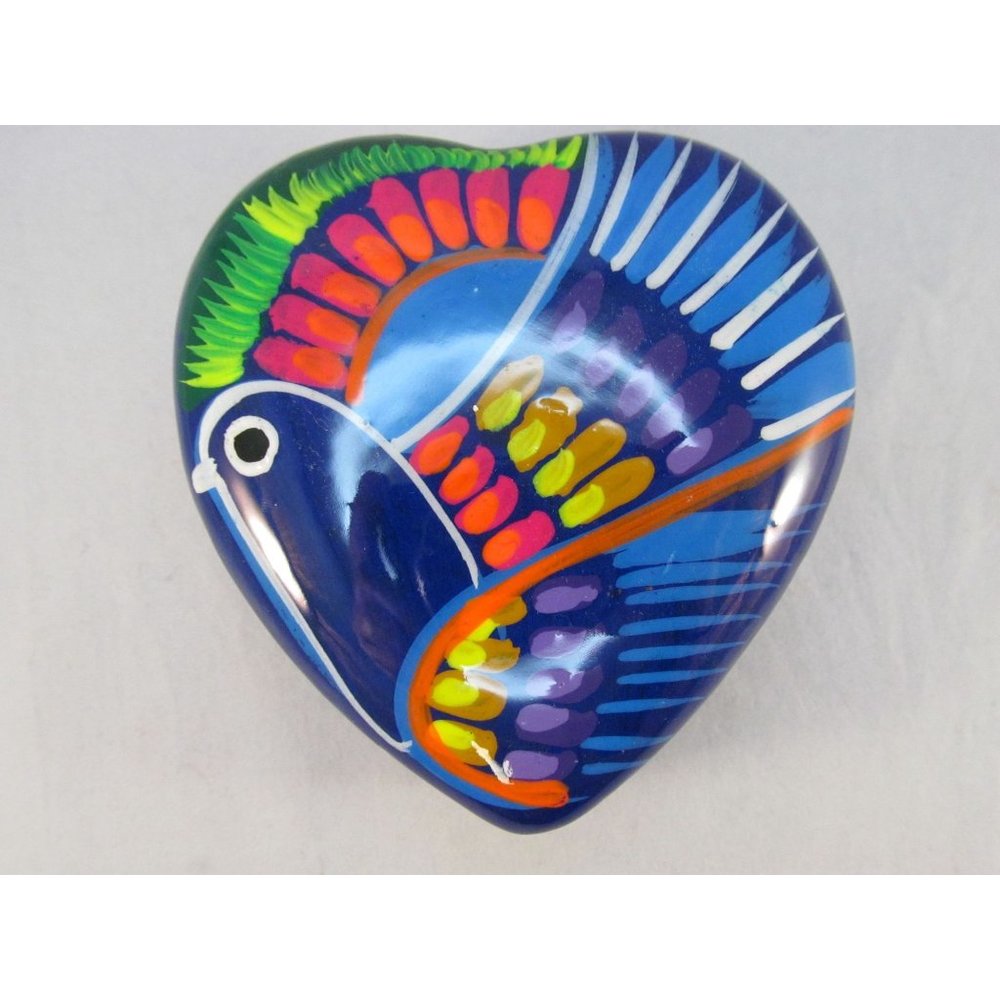 Mexican Redware Heart Hand Painted Trinket Box Dish with Lid